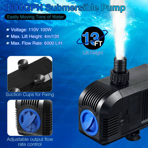 1600GPH Submersible Water Pump For Ponds And Aquariums With 100W Motor Easy Setup Waterfall Fountain Pump Kit for Gardens Pools