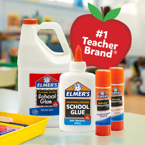 Various Elmer's school glue products, including clear liquid school glue for arts and crafts, in a classroom setting.