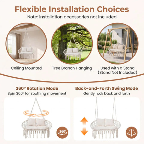 Installation options for Double Hammock Chair With Cushions For Indoor And Outdoor Hangouts Boho Macrame Swing Seat That Fits Two People