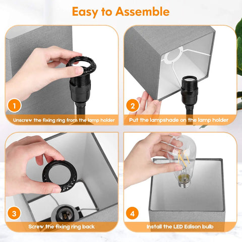 Assembly steps for 3 Way Dimmable Table Lamps With Touch Control and 2 USB Ports, 2 AC Outlets, with grey fabric shade and LED bulb.