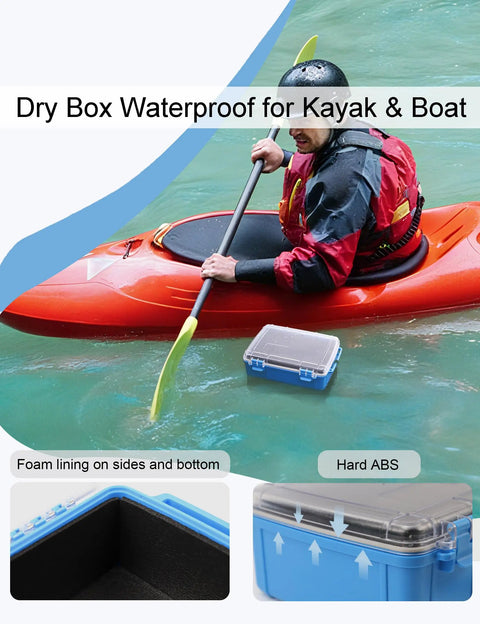 Large Waterproof Dry Box For Kayaking And Boating, Watertight Storage Container Keeps Your Phone, Wallet, GPS, Keys Safe And Dry In Blue 8.9 X 6.4 X 3.2 Inches shown in use on water next to kayaker