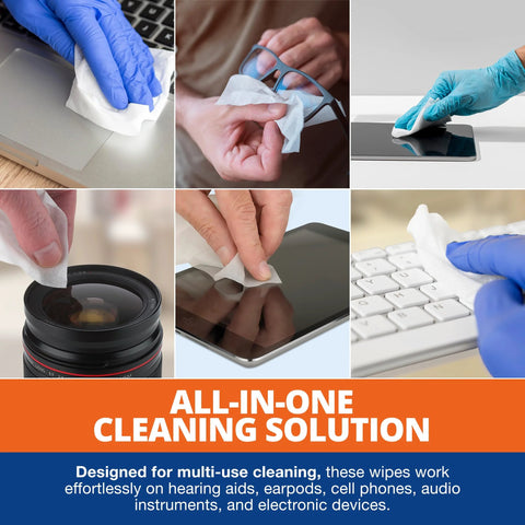 Six-panel collage showing hearing aid cleaning wipes used on devices: phone, tablet, glasses; blue-gloved hands.