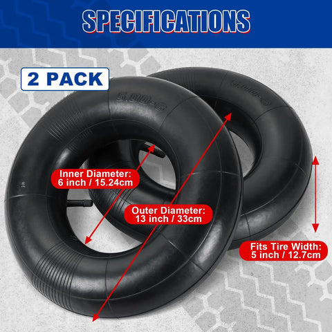 Beefy 2 Pack 13x5.00-6 Inner Tubes With TR-13 Straight Valve Stem; dimensions shown on image front view