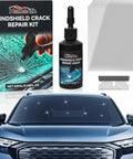 Windshield Chip And Crack Repair Kit 2026 Upgrade with glass repair liquid, shows kit box, liquid bottle, sheets, razor blade, and car windshield.