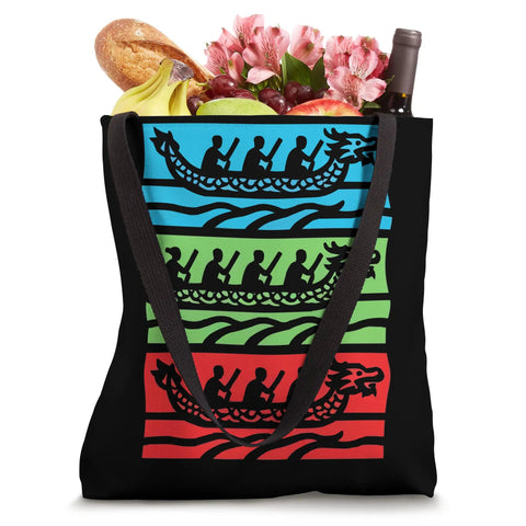 Dragon Boat Racing Paddler Tote Bag For Dragonboating Fans And Crew Members - black tote filled with groceries and flowers