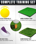 Complete training set with practice foam balls, range golf ball, 16mm fairway turf, and 35mm rough turf for Ultimate Pop Up Golf Chipping Net Set For Portable Practice On The Go With Foldable Design And Included Hitting Mats Six Practice Balls And Six Foam Balls All In One Training Kit Ideal Gift For Golfers.