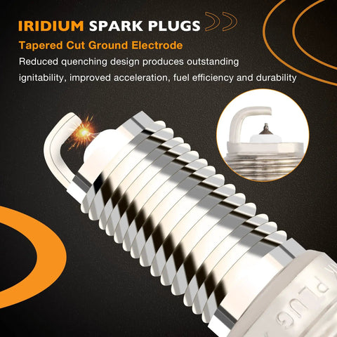 Close-up of iridium spark plug with tapered cut ground electrode from Dodge 3.6L V6 Ignition Coil Packs And Spark Plugs Set Of 6 For 2011-2019 Chargers Grand Caravans Challengers Durangos Ram 1500 Jeeps And More Replaces UF648.