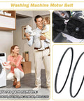 2 Pack Wh01x27538 Washer Drive Belt Hella Durable Replacement AP6328256 PS12299369 4587903 No Sweat Install For GE And Hotpoint Washing Machines displayed with family in a laundry setting.