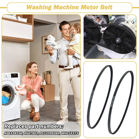 2 Pack Wh01x27538 Washer Drive Belt Hella Durable Replacement AP6328256 PS12299369 4587903 No Sweat Install For GE And Hotpoint Washing Machines displayed with family in a laundry setting.