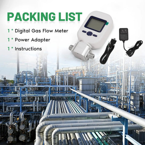 Packing list with Portable Digital Thermal Mass Flow Meter With Quarter Inch NPT Threads, adapter, instructions in industrial setting.