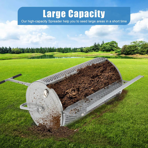 Large 27 Inch Compost Spreader for Lawn and Garden With Adjustable Handle Durable Roller Spreader on grass field