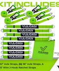 Heavy Duty Axle Tie Down Kit Featuring Hella Bright Neon Green 2 Inch Webbing And Reliable Wire J Hook Ratchet Straps For Secure Hauling On Rough Road Trips with included accessories.