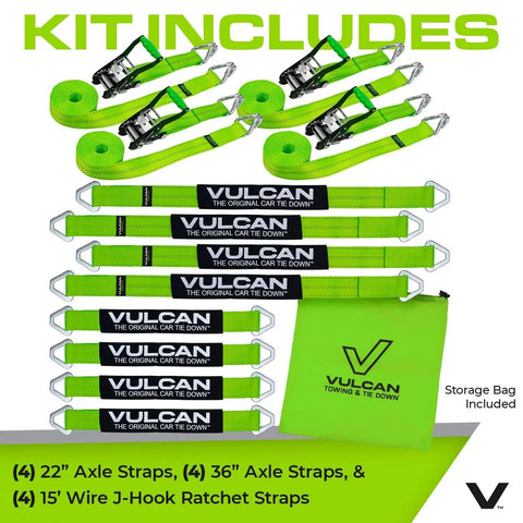 Heavy Duty Axle Tie Down Kit Featuring Hella Bright Neon Green 2 Inch Webbing And Reliable Wire J Hook Ratchet Straps For Secure Hauling On Rough Road Trips with included accessories.
