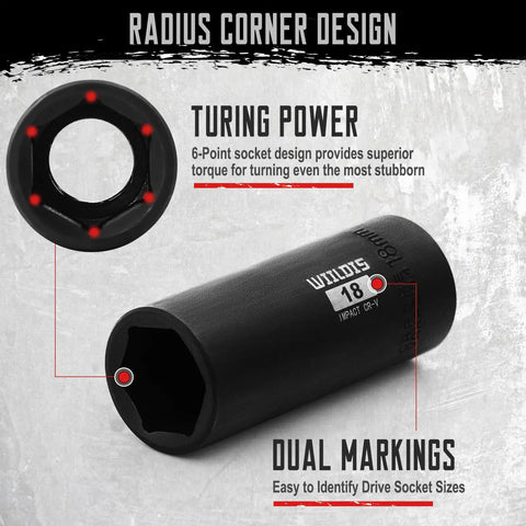 Black impact socket close-up with 6-point design and dual markings, part of the Seventy Piece Three Eighth Inch Drive Heavy Duty Impact Socket Set With Deep Sockets In SAE Five Sixteenths To Three Quarters And Metric Eight To Twenty Two Millimeter Includes Adapters Ratchet Handle Screwdriver Bit Set And Sliding T Bar Six Point.