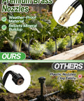 Complete 49 Foot Drip Irrigation Kit with brass nozzles on raised garden bed, showing comparison with plastic nozzles.