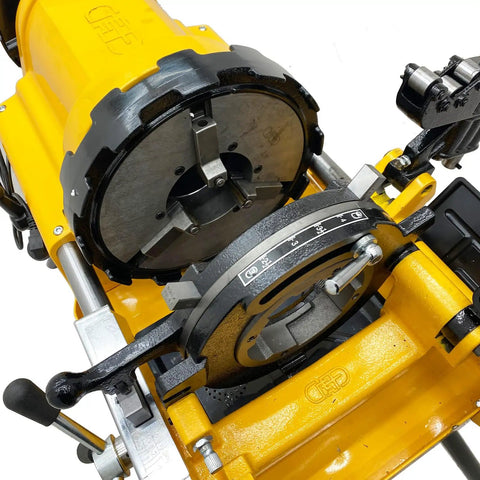 Close-up of the Heavy Duty One Horsepower Electric Pipe Threader Cutting Machine For Half To Four Inch Steel Tubing showing the chuck and settings.