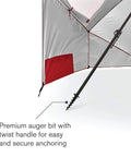 Oversized 9 Foot UPF 50 Plus Umbrella Shelter with Privacy Panels showing twist handle and auger for anchoring