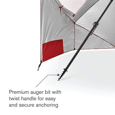 Oversized 9 Foot UPF 50 Plus Umbrella Shelter with Privacy Panels showing twist handle and auger for anchoring
