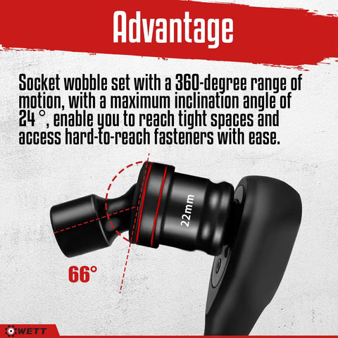 Three-Eighths Inch Drive Shallow Impact Universal Joint Socket Set showcasing 22mm size with 360-degree motion and 24° inclination.