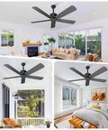 52 Inch Black Outdoor Flush Mount Ceiling Fan With Remote Control No Light, 5 Blades, 6 Speed DC Motor, Ultra Quiet, Reversible