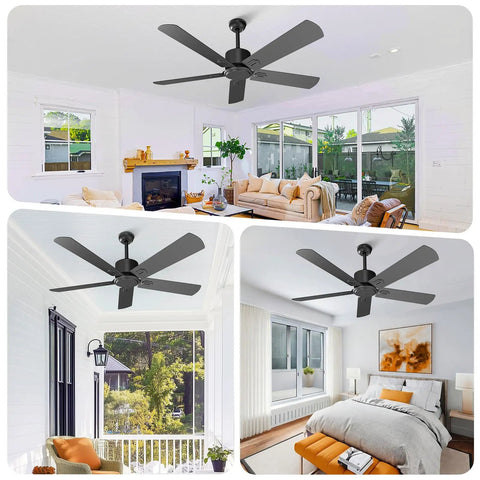 52 Inch Black Outdoor Flush Mount Ceiling Fan With Remote Control No Light, 5 Blades, 6 Speed DC Motor, Ultra Quiet, Reversible