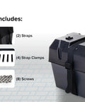 Heavy Duty Double Battery Box Built For Rv And Motorhome Rigs includes straps, strap clamps, and screws for easy installation.