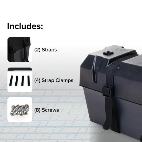 Heavy Duty Double Battery Box Built For Rv And Motorhome Rigs includes straps, strap clamps, and screws for easy installation.