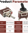 Beefy 12V DC 30A Waterproof Toggle Switch 2 Pack SPST Marine Grade On Off Switch With Boot Cap Cover shown with specs