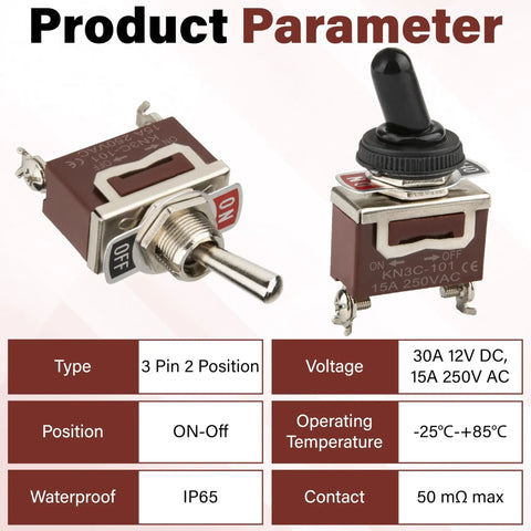 Beefy 12V DC 30A Waterproof Toggle Switch 2 Pack SPST Marine Grade On Off Switch With Boot Cap Cover shown with specs