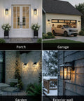 Black Outdoor Wall Lights Set Waterproof Patio Sconces Crafted From Rust Resistant Die Cast Metal And Tempered Wave Glass on porch.
