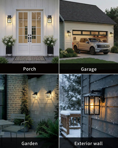 Black Outdoor Wall Lights Set Waterproof Patio Sconces Crafted From Rust Resistant Die Cast Metal And Tempered Wave Glass on porch.