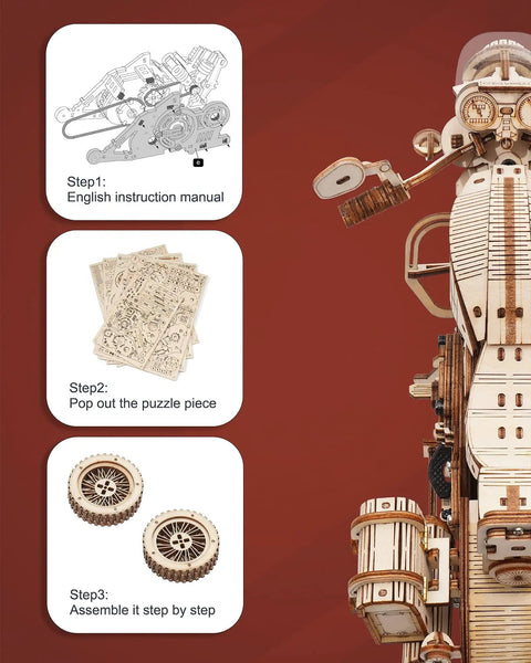 1 To 8 Scale Wood Motorcycle Puzzle Kit For Adults, 3D Buildable Model Cruiser, Realistic Detailed Wooden Bike, Interactive Craft Project That Runs When Assembled, Steampunk Style For True Cruising Fun., wooden motorcycle kit with instruction manual, puzzle parts, and wheels