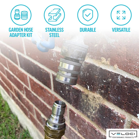 Close-up of MTM Hydro 4-piece stainless steel garden hose quick-connect adapters (3/4-inch)