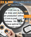 12X and 30X magnification lens on Pro Grade Floor Magnifying Lamp With Light And Stand 30x 12x Magnification Stepless Brightness And Color Modes Adjustable Height 2 In 1 Lighted Magnifier For Crafting Reading Sewing Close Work Black
