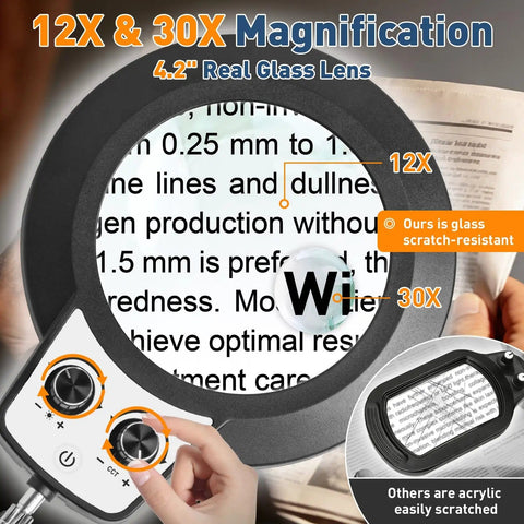 12X and 30X magnification lens on Pro Grade Floor Magnifying Lamp With Light And Stand 30x 12x Magnification Stepless Brightness And Color Modes Adjustable Height 2 In 1 Lighted Magnifier For Crafting Reading Sewing Close Work Black