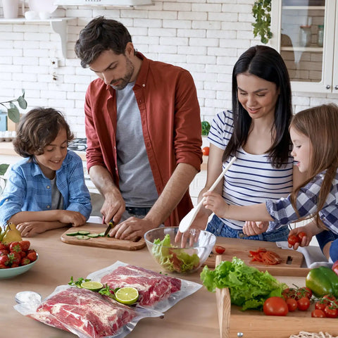 Family preparing meal with Precut Food Saver Vacuum Bags 150 Pcs Set for Meal Prep and Sous Vide on kitchen counter.
