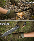 Survival Knife With Sheath 15 Inch Fixed Blade Bowie used as fire starter and sharpener in outdoor setting.