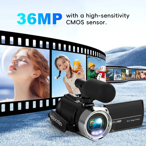 4K Video Camcorder For YouTube Vlogging, 36MP Photos, 18x Digital Zoom, 3 Inch IPS Flip Screen, displayed with film reel.
