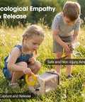 Children using Wooden Bug Catcher Kit For Kids 3 To 8 Ten Piece Durable Outdoor Explorer Set with magnifying glass and net in field.