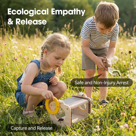 Children using Wooden Bug Catcher Kit For Kids 3 To 8 Ten Piece Durable Outdoor Explorer Set with magnifying glass and net in field.