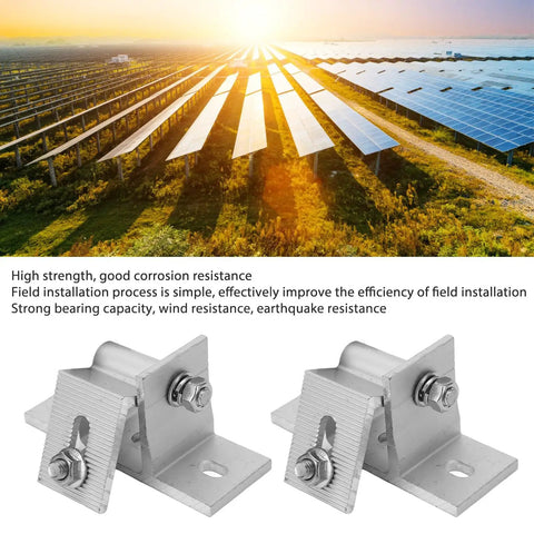 Eight Piece Solar Panel Mounting Bracket Feet With Screws And Gaskets, Lightweight Aluminum, close-up view, with solar panels in background.