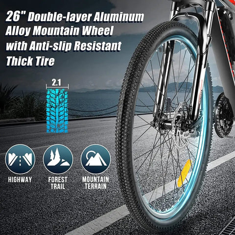 26 Inch Electric Mountain Bike for Adults With Peak 749W Motor, front wheel with anti-slip tire on trail