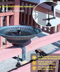 Deck Mounted Bird Bath With Solar Fountain, Weatherproof Metal Bubbler, installed on railing in garden.