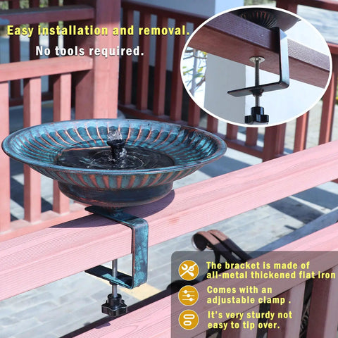 Deck Mounted Bird Bath With Solar Fountain, Weatherproof Metal Bubbler, installed on railing in garden.