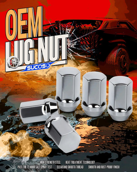 Illustration of OEM style chrome lug nuts in a dynamic design setting