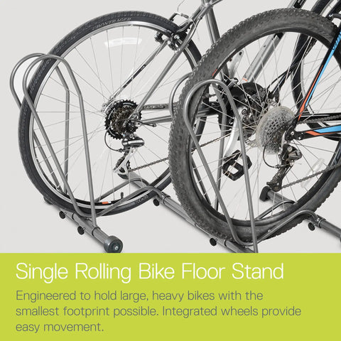 Rolling Bike Floor Stand For Mountain Fat Tire And Road Bikes Tool Free Adjustable Freestanding Garage Parking Rack