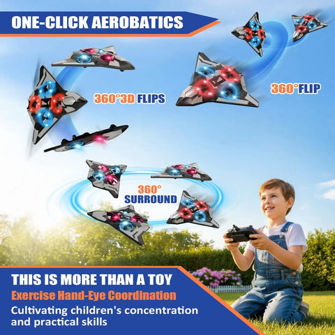 Child playing with Foam Remote Control Airplane For Kids And Adults Easy To Fly With Stable Hover 360 Flips Circle Flying LED Light 2.4GHz