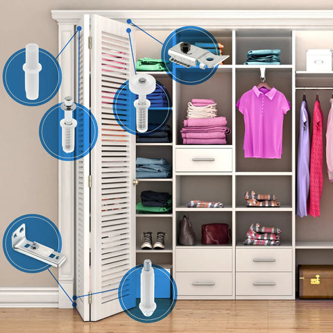 Bi-Fold Door Hardware Repair Kit With Top And Bottom Brackets Pivots And Guide Wheel For One Inch To One And Three Eighths Inch Thick Doors Up To Fifty Lbs Zinc Finish DIY Friendly Closet Door Fix components in use on a closet door