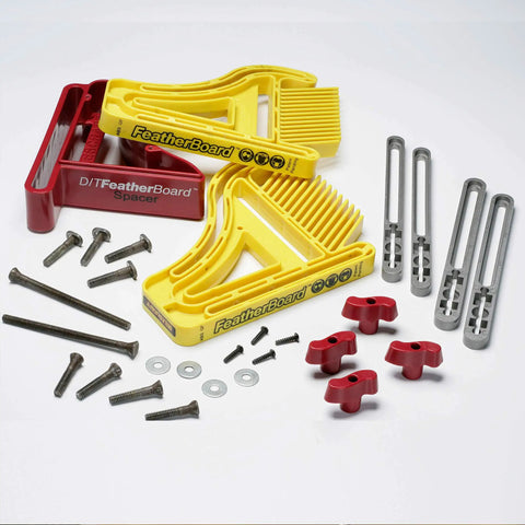 All In One Dual Feather Board For Woodworking On Table Saws Router Tables And Band Saws Fits Five Eighths And Three Quarter Inch Miter Bars One Quarter Inch T Slot Bolts Dual Side To Side Motion Pro Grade Shop Essential Yellow