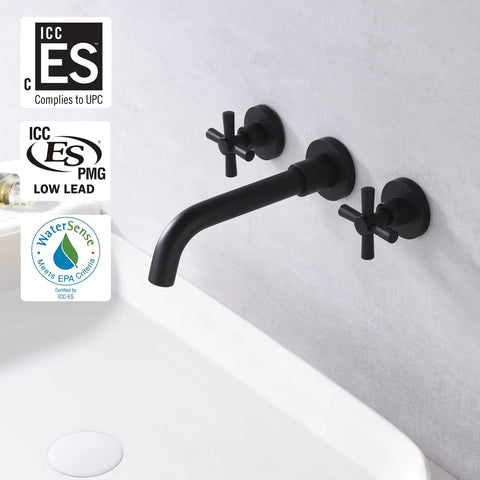 Matte Black Wall Mounted Bathroom Faucet With Rough In Valve Included, Corrosion Resistant And Durable Finish above sink